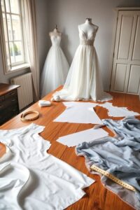 Formal dress sewing patterns with satin fabrics and evening gown sewing setup
