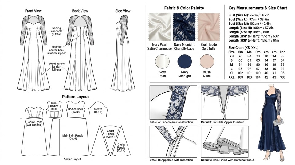 A couture-inspired maxi dress designed for weddings, galas, and luxury handmade fashion collections.
