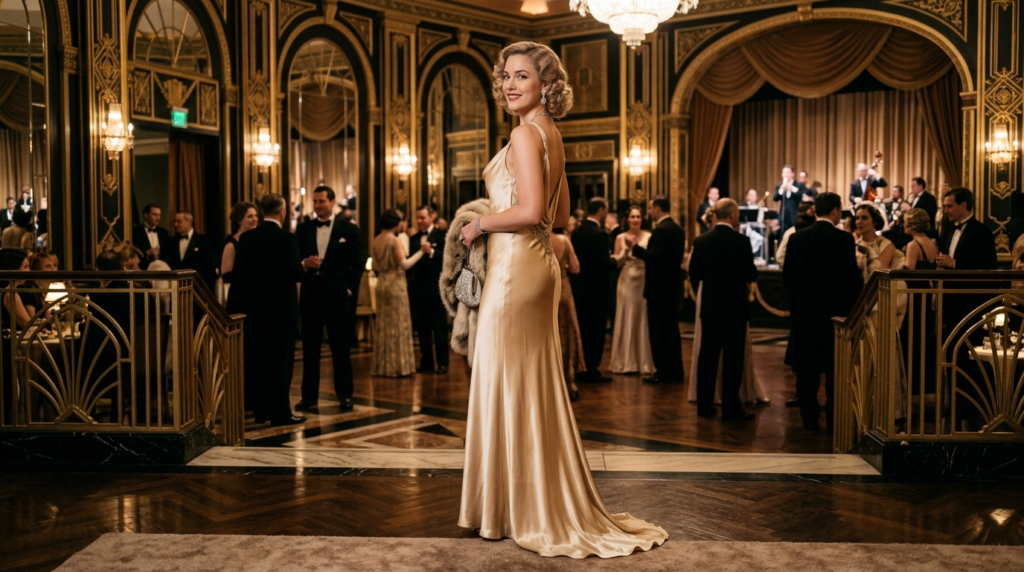 Elegant woman wearing a satin 1930s evening gown inspired by old Hollywood glamour