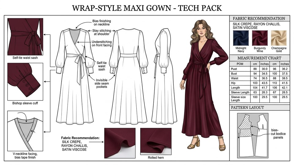 Sophisticated wrap maxi design with timeless feminine drape, ideal for formal handmade sewing projects.
