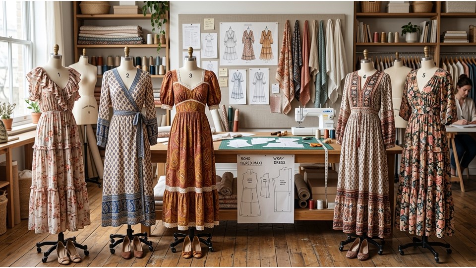 Boho Maxi Dress Pattern: Easy DIY Sewing Ideas & Trendy Styles (2026) 2 Different bohemian maxi dress sewing pattern designs displayed on dress forms