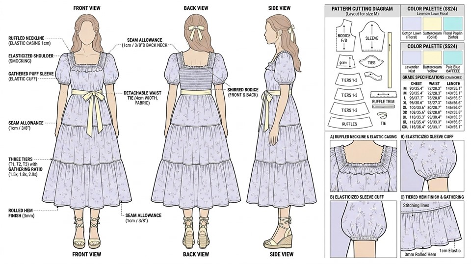 A dreamy cottage-inspired maxi dress with soft volume and feminine romantic detailing.
