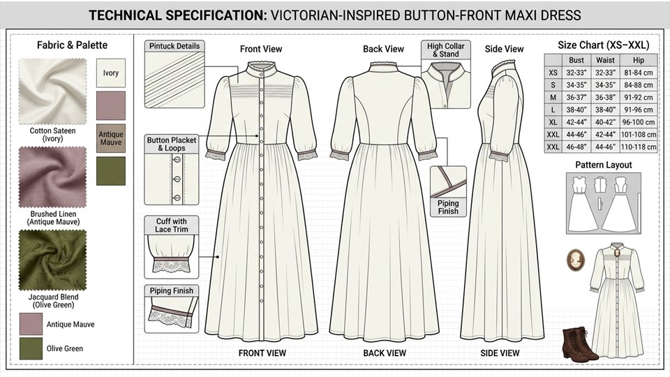 A refined historical-inspired maxi dress blending Victorian elegance with wearable modern tailoring.
