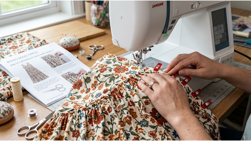 Boho Maxi Dress Pattern: Easy DIY Sewing Ideas & Trendy Styles (2026) 4 Close-up of hands sewing gathered fabric panels for a boho maxi dress pattern