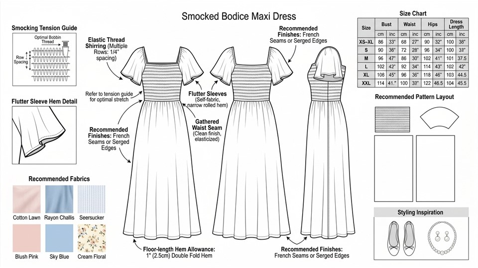 An easy yet stylish shirred maxi dress perfect for beginner sewists wanting a polished handmade finish.
