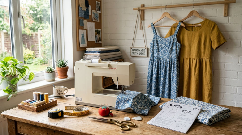 Beginner Dress Sewing Patterns: 5 Easy Styles Every New Sewist Can Make in 2026 1 Beginner sewing workspace with easy dress sewing patterns and fabric