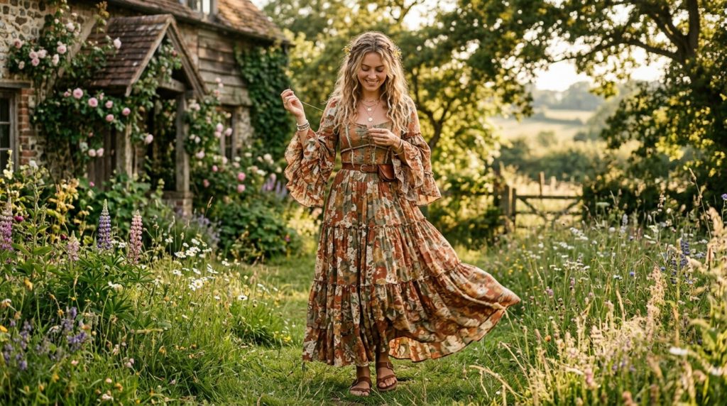 Bohemian long sleeve maxi dress with floral fabric and flowing sleeves