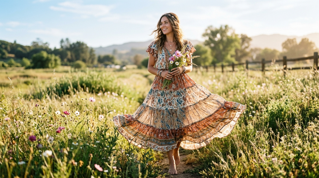 Woman wearing a flowing boho maxi dress outdoors
