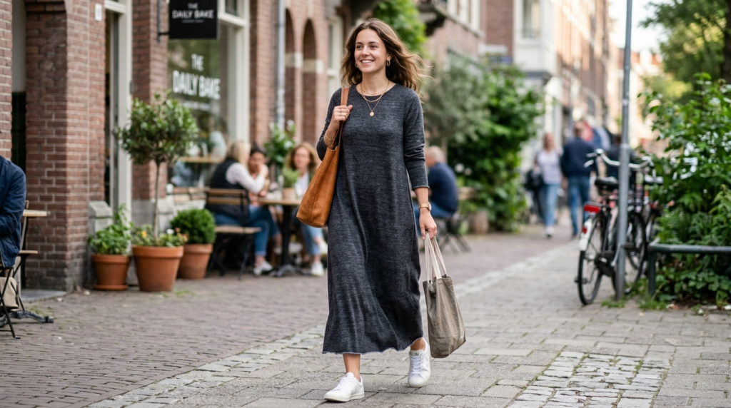 Casual long sleeve maxi dress styled with sneakers for everyday wear