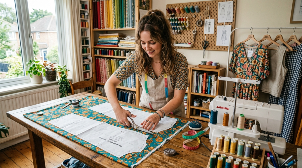 woman sewing modern handmade dresses using dress sewing patterns in bright sewing studio