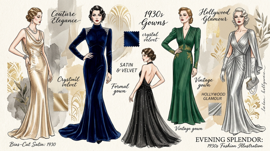 Collection of popular 1930s evening gown styles including satin and velvet dresses