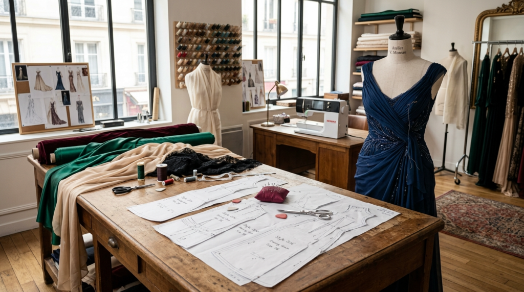 Evening Gown Patterns: 5 Elegant Sewing Ideas & Tips for Stunning DIY Dresses (2026) 1 Evening gown patterns with fabrics and dress form in a sewing studio