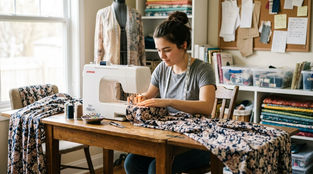 Beginner learning how to sew a maxi dress at home