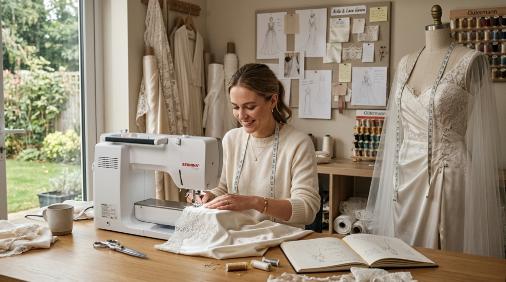 how to sew a wedding dress. Bride sewing a handmade wedding dress in a modern bridal sewing studio