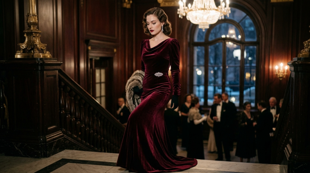 Sophisticated long sleeve velvet 1930s evening gown