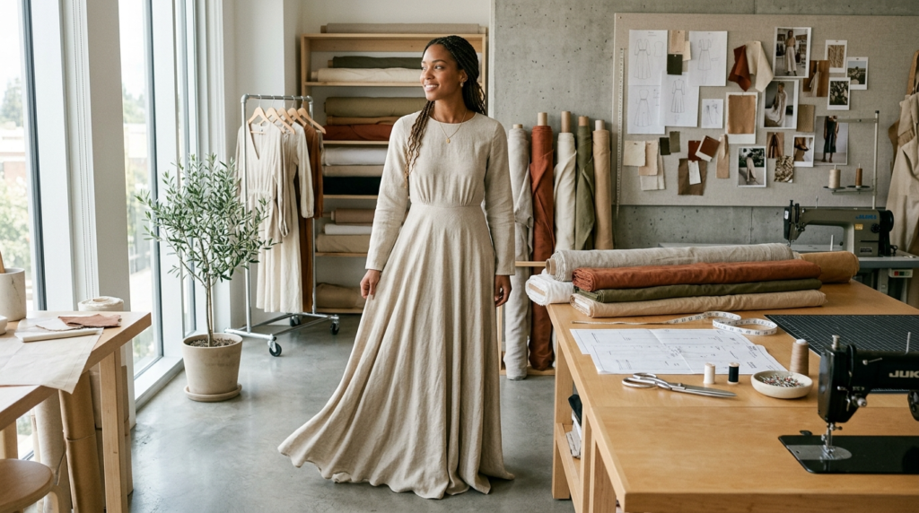 Woman wearing a handmade long sleeve maxi dress in a modern sewing studio. long sleeve maxi dress sewing pattern