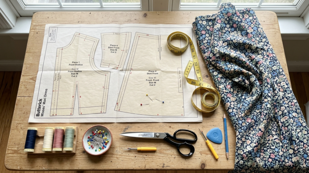 Maxi dress sewing pattern and sewing supplies for DIY dressmaking