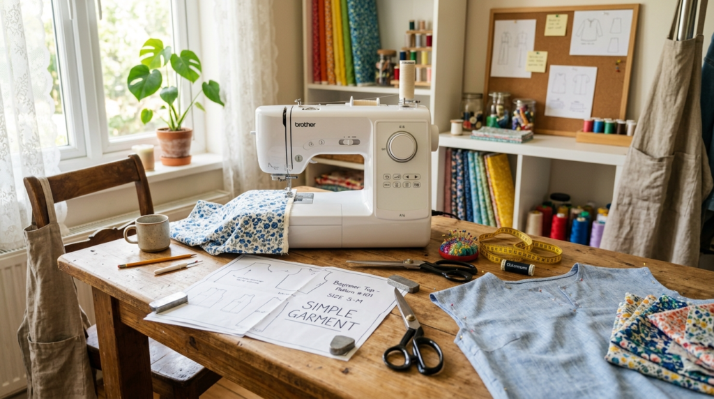 Beginner sewing workspace with simple clothes patterns and sewing tools