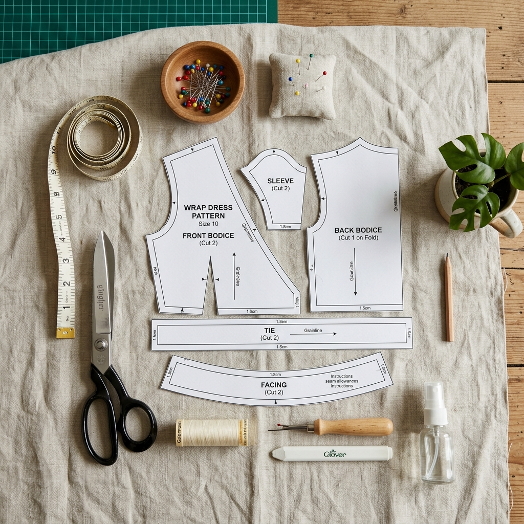 Wrap dress sewing pattern and sewing tools prepared for dressmaking