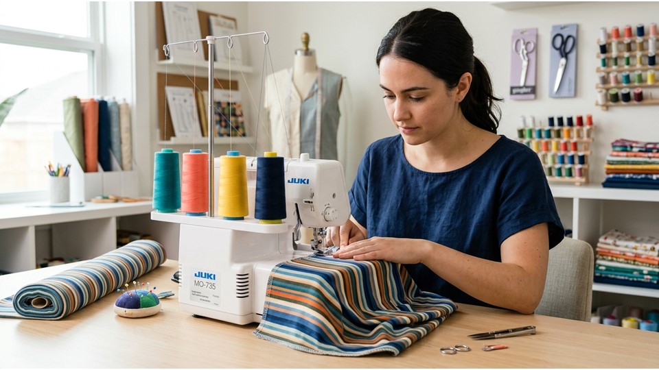 How to Use a Serger: A Complete Beginner’s Guide in 2026 1 Beginner learning how to use a serger machine for professional garment sewing