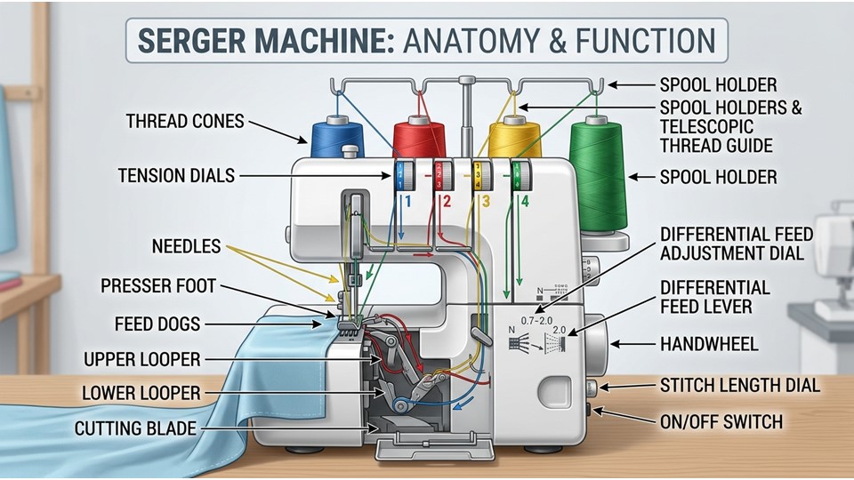 How to Use a Serger: A Complete Beginner’s Guide in 2026 3 Main parts of a serger machine including loopers, needles, and tension controls